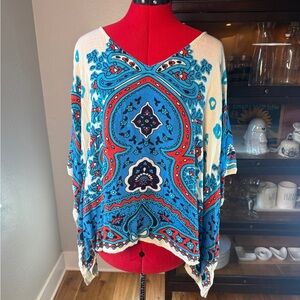 Theodora & Callum Blue Red Paisley Boho Viscose Caftan Top One Size